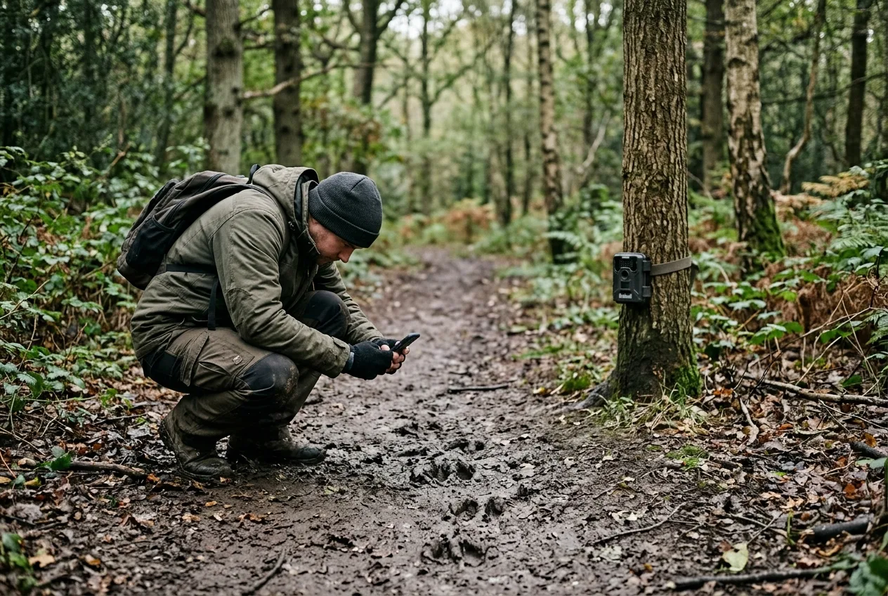 Eine Person hockt neben einer Wildkamera im Schlamm und fotografiert eine Fährte aus nächster Nähe