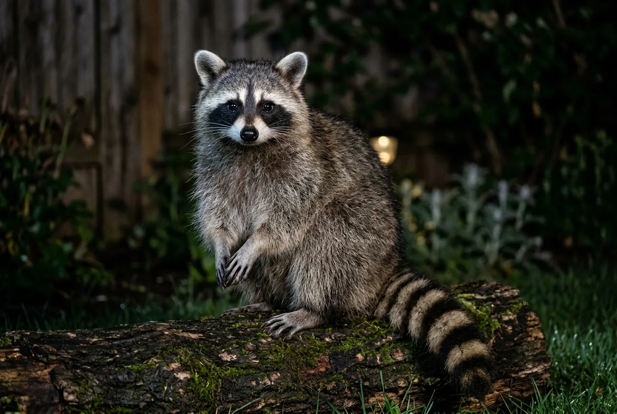 Ein Waschbär mit schwarzer Zorromaske sitzt nachts auf einem Baumstamm am Gartenrand und zeigt seinen deutlich geringelten Schwanz