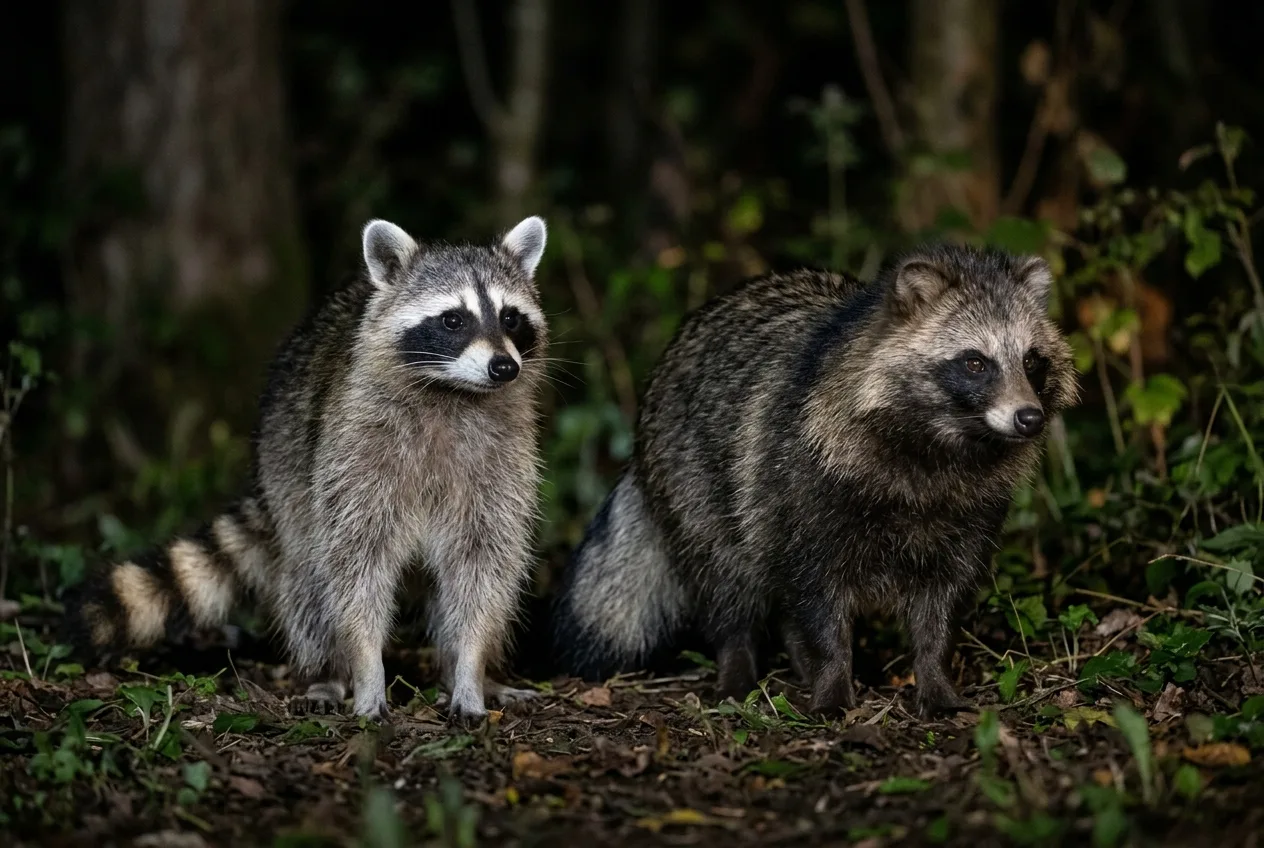 Direkter Vergleich: Waschbär mit geringeltem Schwanz und durchgehender Maske neben Marderhund mit einfarbigem Schwanz und geteilter Maske