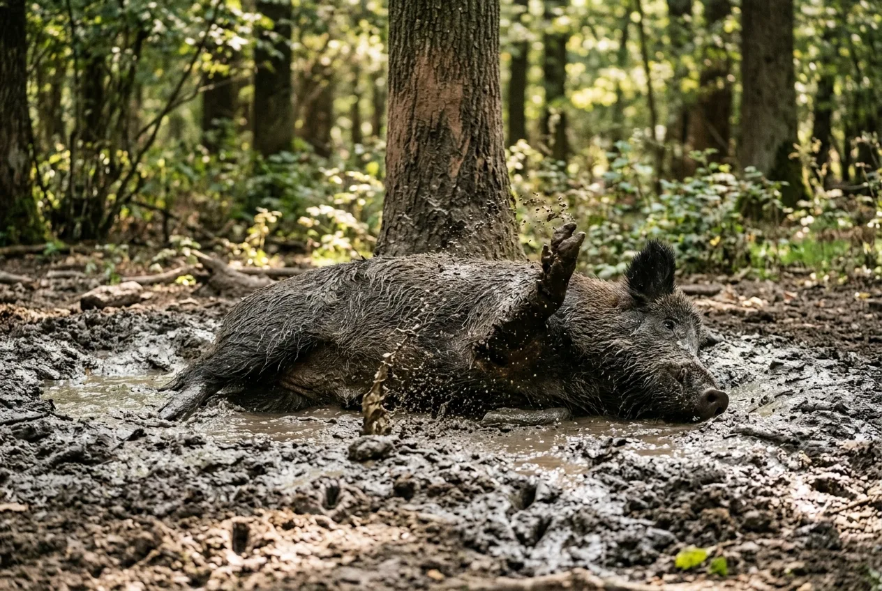 Ein Wildschwein wälzt sich in einer schlammigen Suhle im Wald