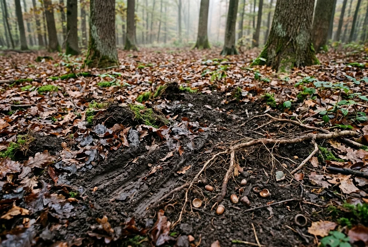Frisch aufgebrochener Waldboden mit umgewendeter dunkler Erde nach Wildschwein-Wühlen