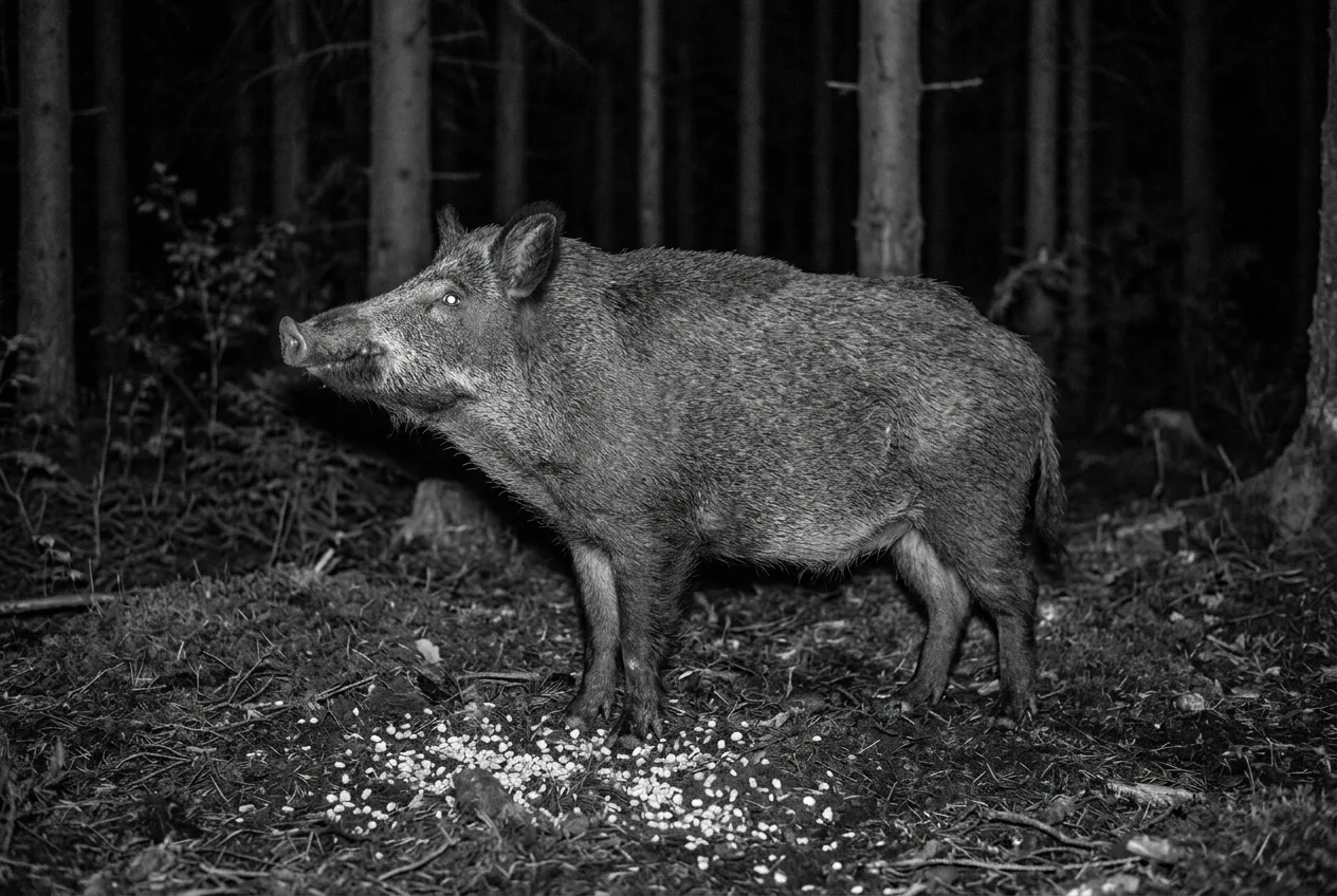 Ein einzelnes Wildschwein nachts an der Kirrung, aufgenommen im monochromen Infrarotbild einer Wildkamera