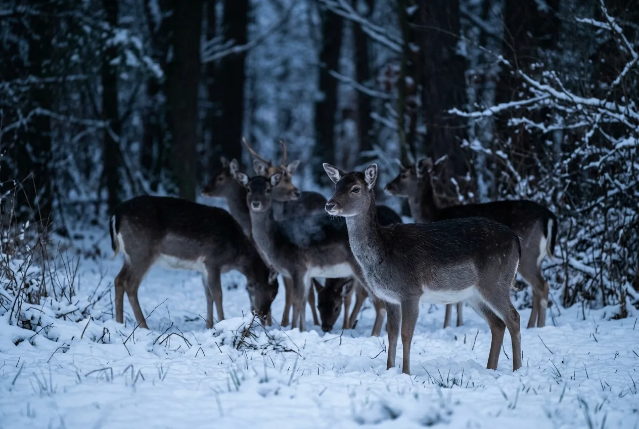 Ein Rudel Rehe, das sich in der Dämmerung im Offenen am verschneiten Waldrand konzentriert
