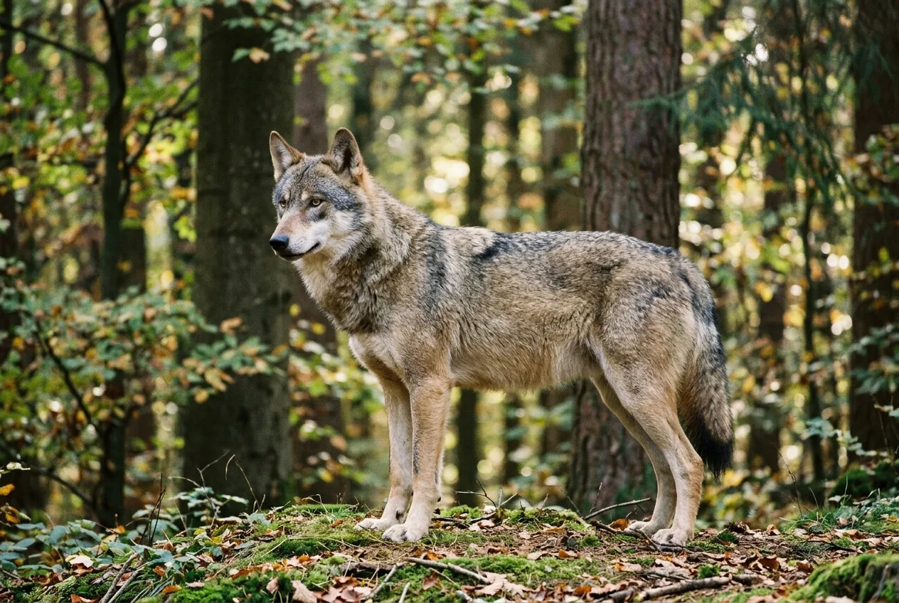 Ein wachsamer Wolf mit aufgestellten Ohren steht in einem deutschen Nadel-Laub-Mischwald
