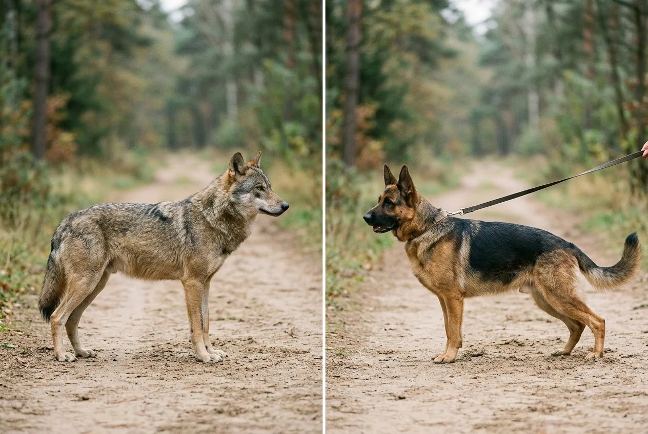 Größenvergleich im Wald: ein hochbeiniger Wolf und ein großer Schäferhund nebeneinander als Silhouetten