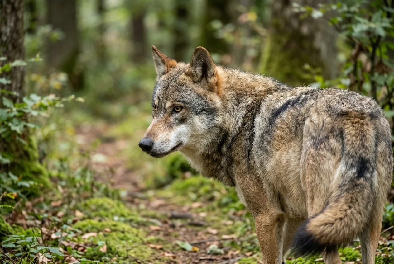 Nahaufnahme von Kopf, Ohren und Rute eines Wolfs zeigt die typische helle Fellzeichnung