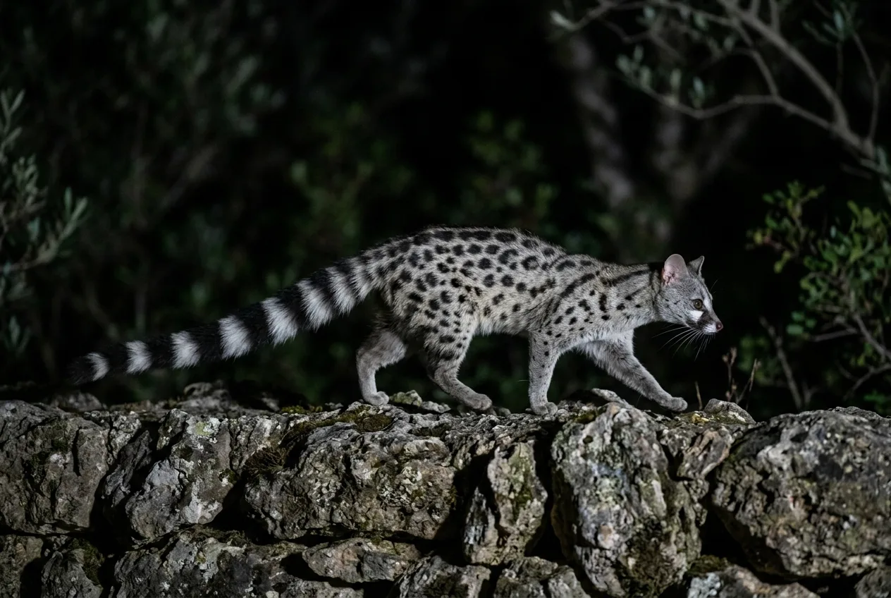 Una gineta de aspecto felino y alargado con la cola larguísima de anillos negros, trepando de noche en un jardín