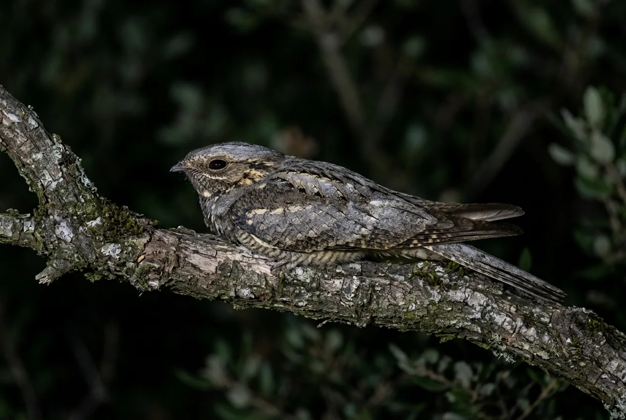 Un chotacabras camuflado posado a lo largo de una rama de noche, con silueta de halcón, cabeza plana y boca ancha