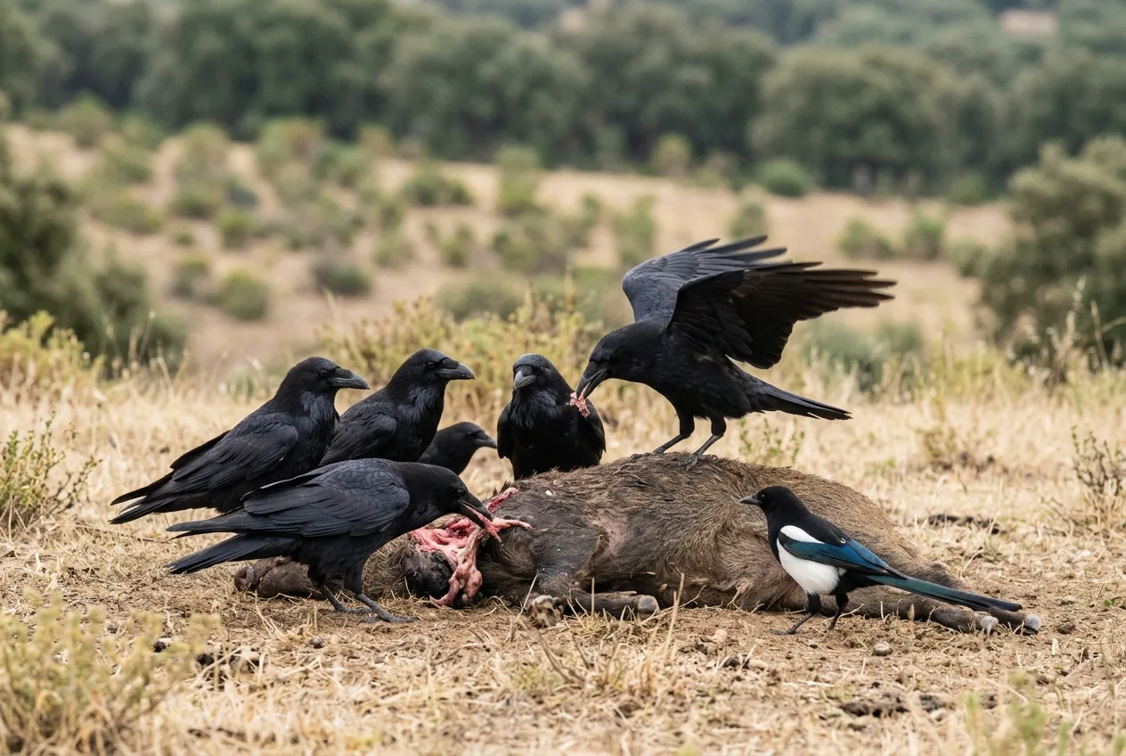 Cuervos y una urraca picoteando las partes blandas de un cadáver mientras esperan a que lleguen los buitres
