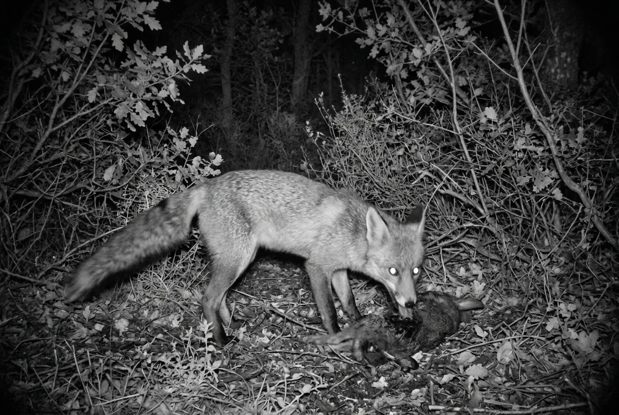 Un zorro rojo alimentándose de noche en los restos de un cadáver bajo la cámara de fauna, con los ojos brillando por el infrarrojo
