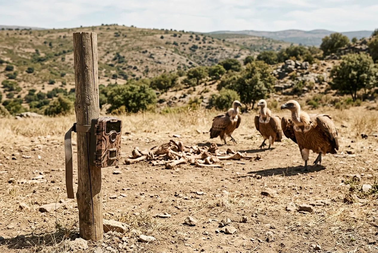 Una cámara de fauna camuflada sujeta a un poste bajo, encarada a un muladar abierto donde se alimentan los buitres