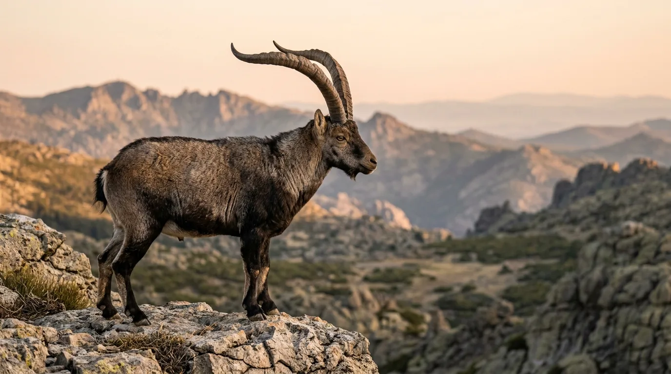 Un macho de cabra montés con grandes cuernos en forma de lira sobre un roquedo mediterráneo al amanecer