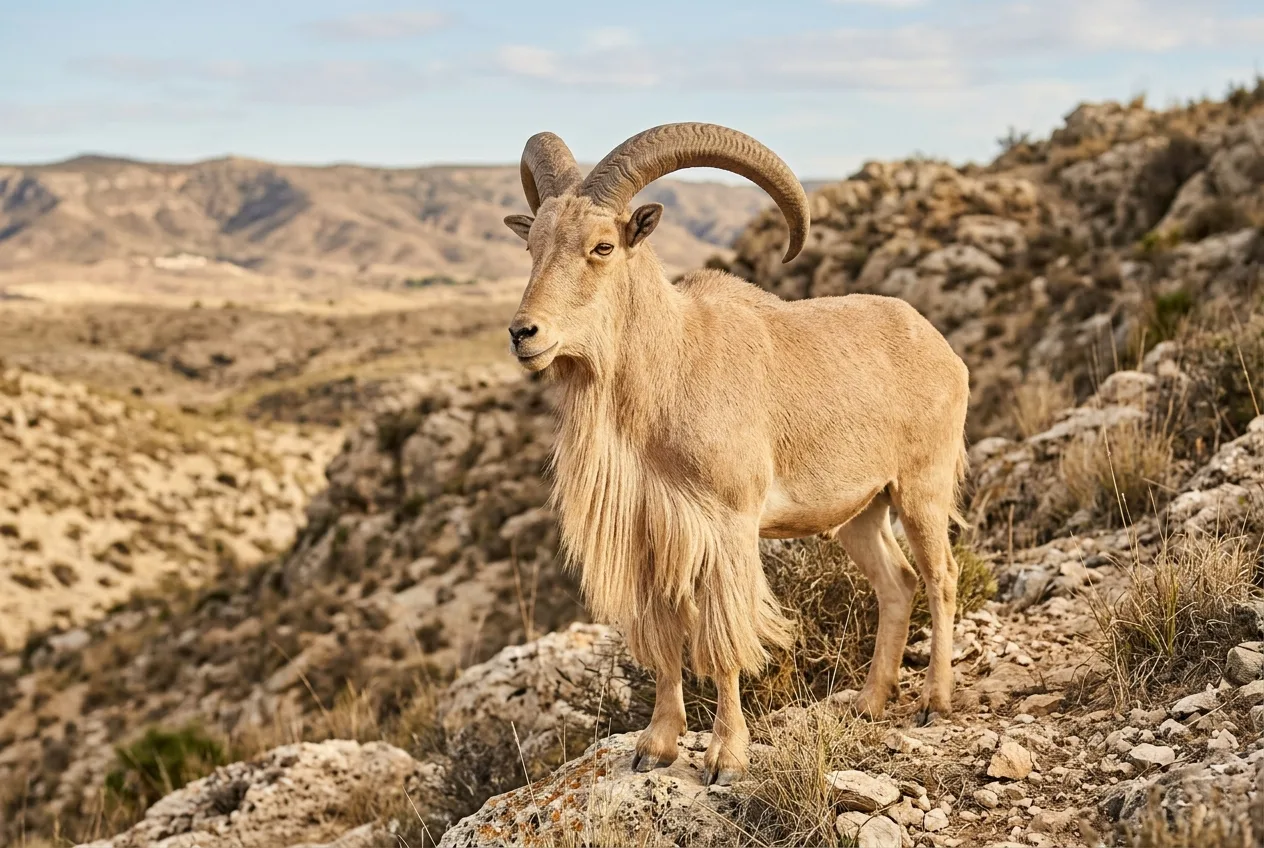 Un arruí macho con su larga melena colgante desde la garganta hasta el pecho y cuernos curvados hacia atrás