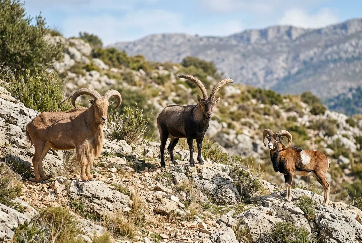 Comparación de tamaño entre un arruí grande, una cabra montés con marcado dimorfismo y un muflón pequeño y ovejuno en la montaña