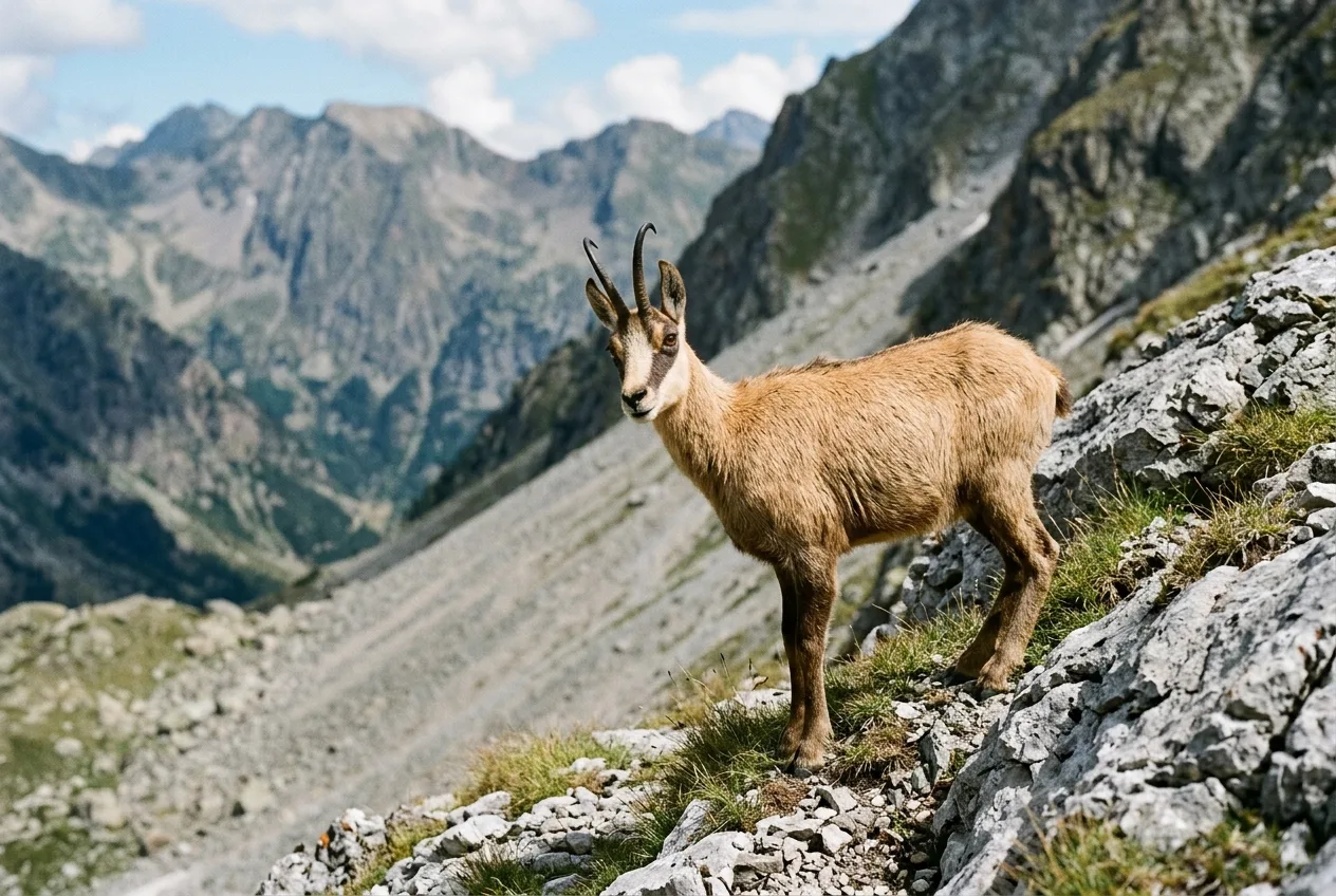 Un rebeco pequeño y esbelto con cuernos cortos en gancho y un antifaz oscuro cruzando un roquedo de alta montaña