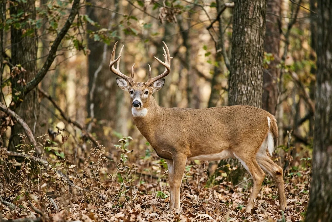 Un venado cola blanca de perfil en bosque templado americano muestra la vara curvada con puntas verticales y el blanco bajo la cola