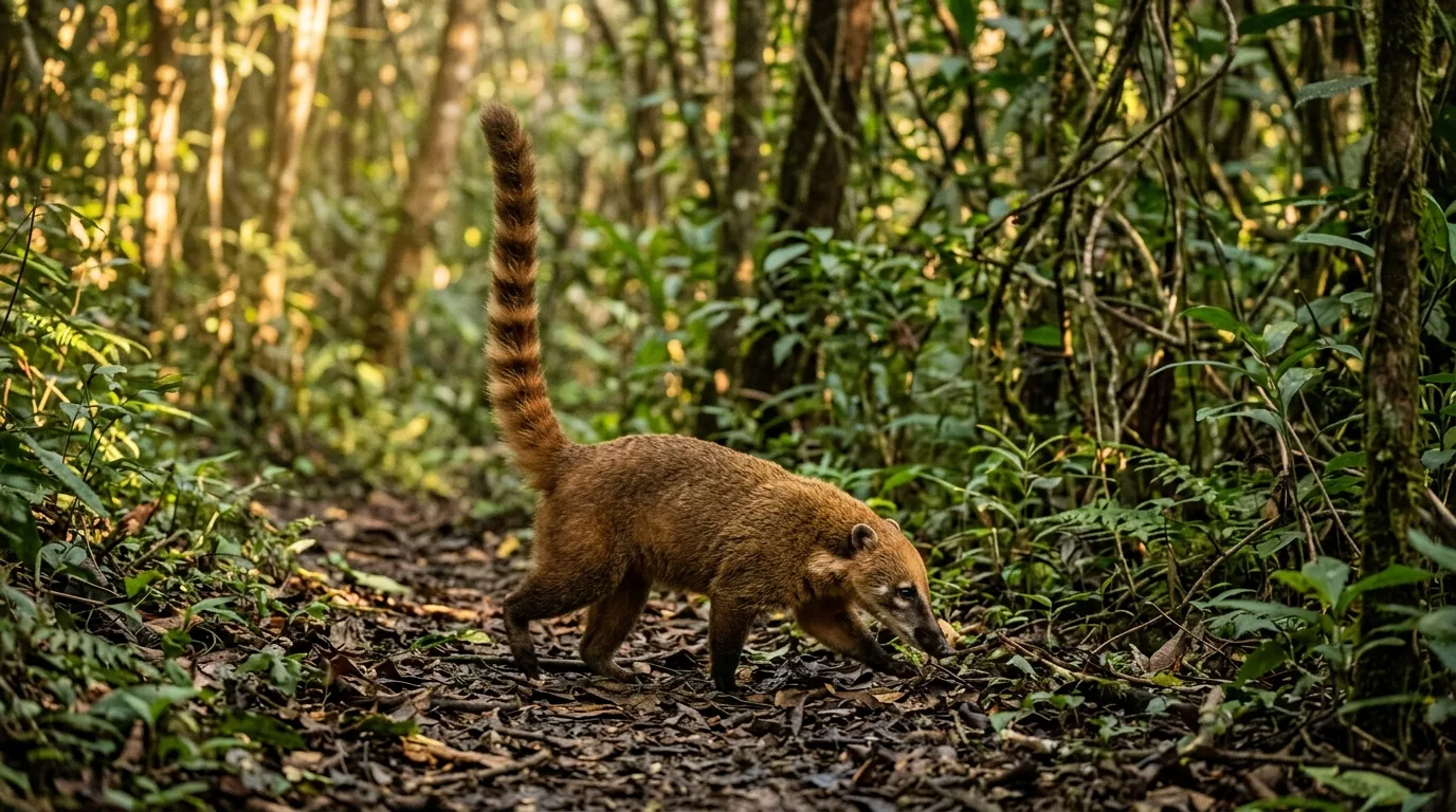 Un coatí caminando con la cola larga y anillada erguida como un mástil por un sendero de bosque neotropical
