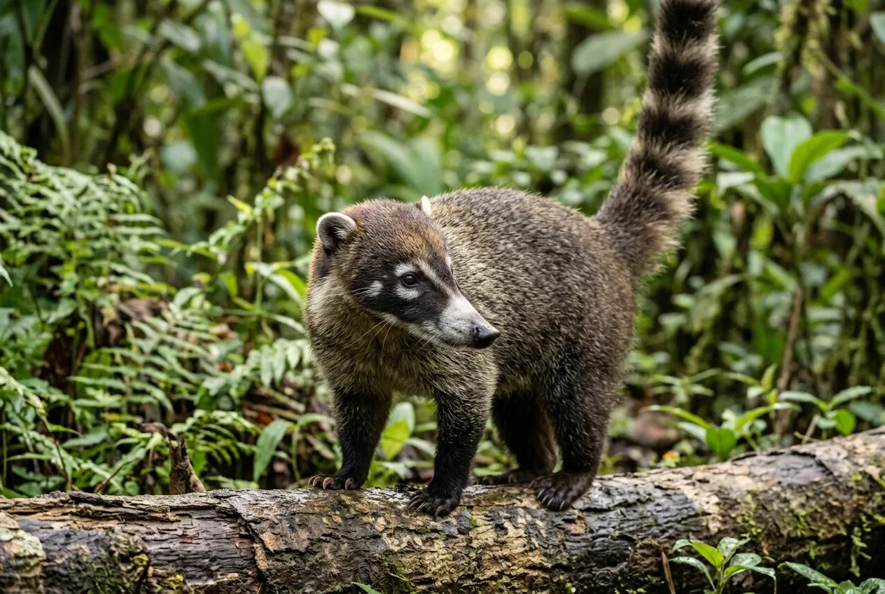 Primer plano de la cara alargada de un coatí con el hocico móvil y manchas blancas bajo los ojos, y la cola anillada erguida