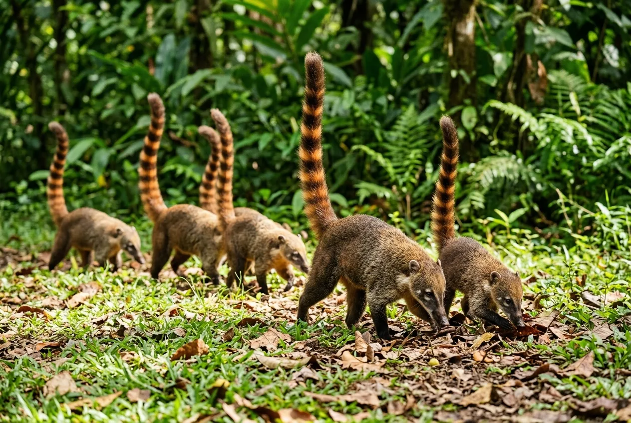 Una banda de coatíes con las colas erguidas cruzando de día un claro de bosque neotropical, hozando entre la hojarasca