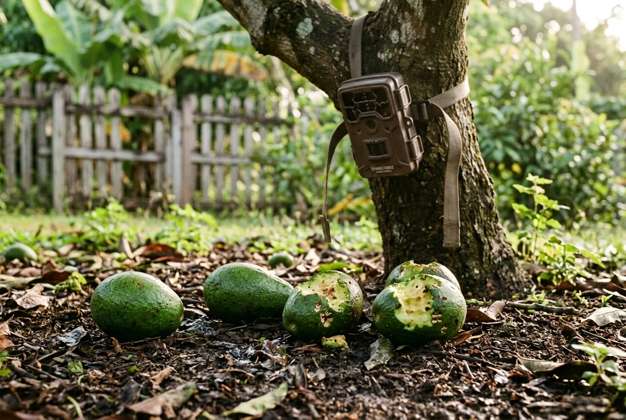 Aguacates caídos a medio comer en el suelo de un huerto latinoamericano, con la cámara trampa sujeta al tronco de un árbol al fondo