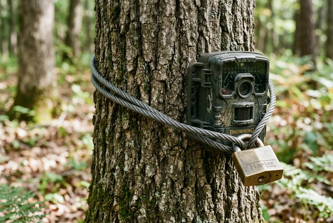 Un cable de acero trenzado pasado alrededor de un árbol y a través de una cámara de fauna