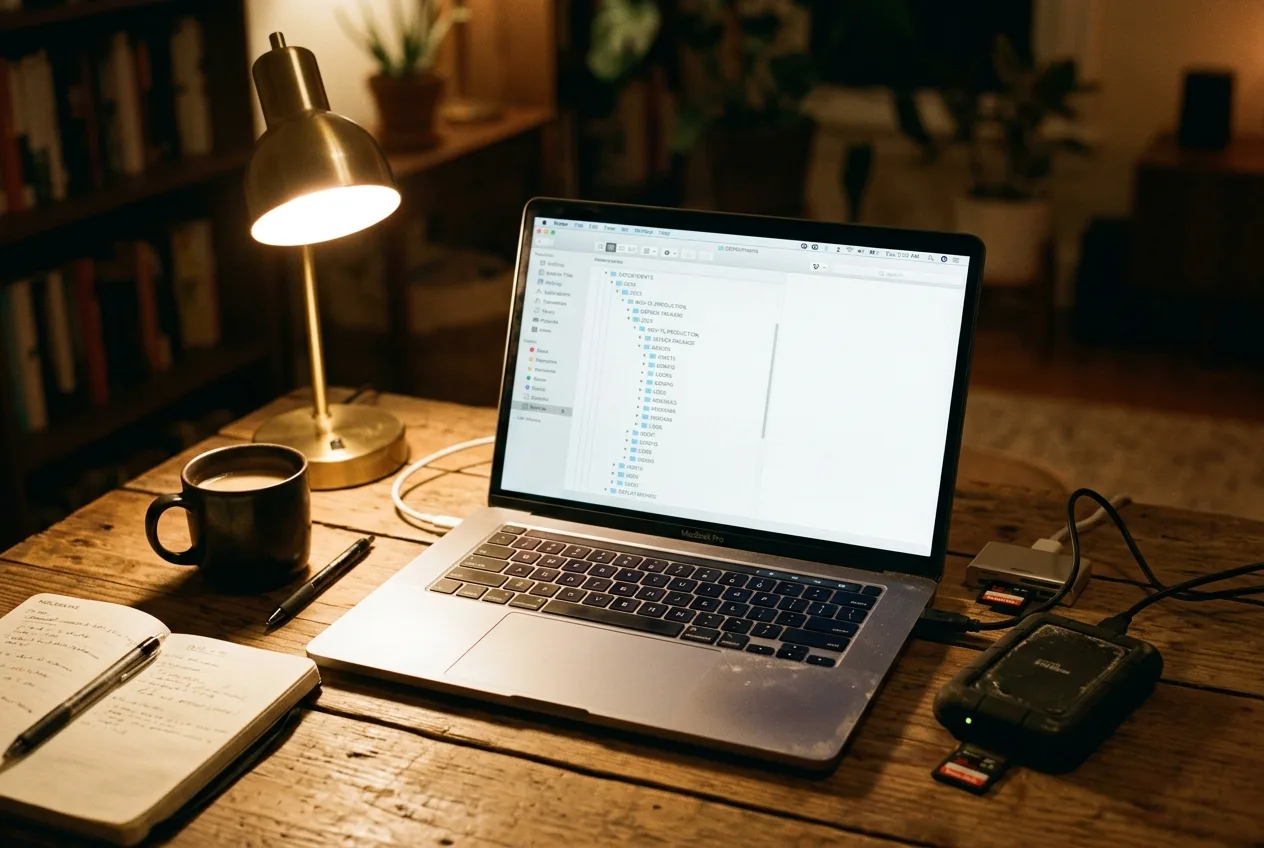 Un portátil y un disco externo sobre una mesa de campo mostrando un árbol organizado de carpetas fechadas