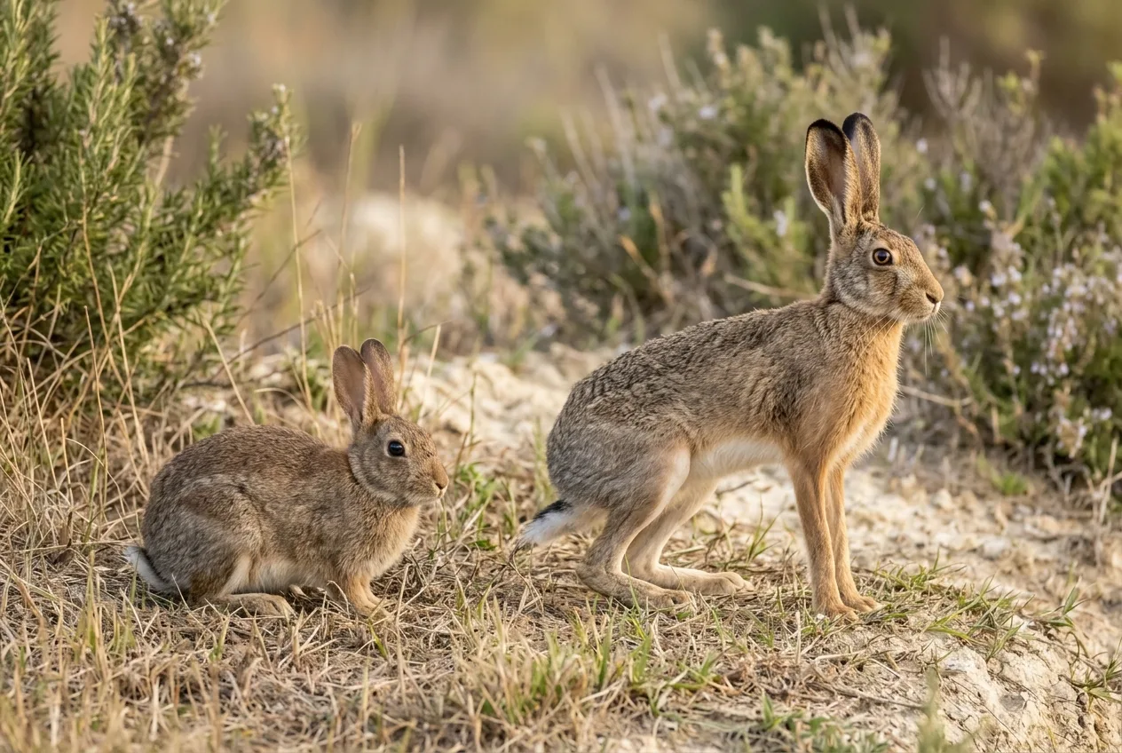 Comparación lado a lado de un conejo pequeño y rechoncho de orejas cortas pardas frente a una liebre grande y esbelta de orejas largas con la punta negra