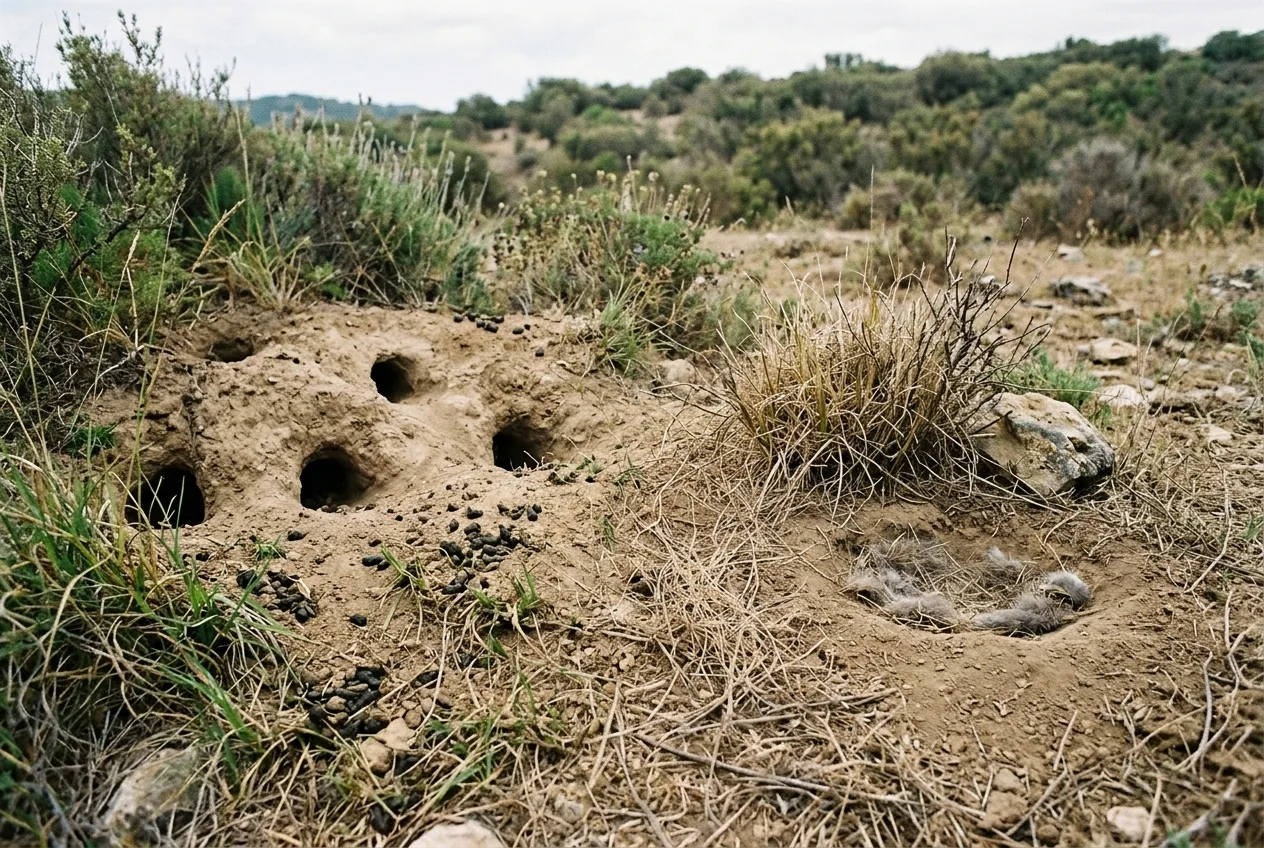 Varias bocas de madriguera de conejo agrupadas en un talud junto a un simple encame de liebre a ras de suelo entre la hierba seca