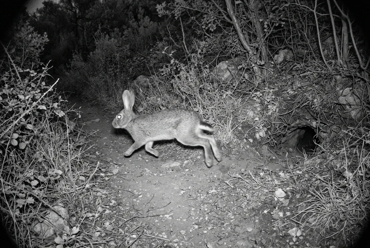 Fotograma nocturno en infrarrojo de una cámara de fauna captando a un conejo cruzando un sendero de monte mediterráneo junto a una boca de madriguera