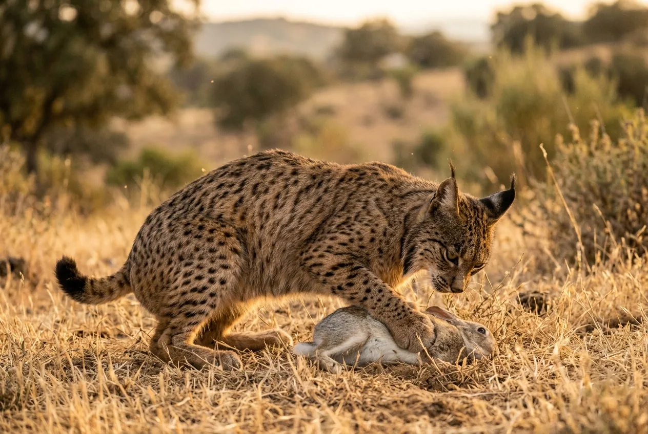 Un lince ibérico agazapado atrapando a un conejo entre la hierba seca del monte mediterráneo, mostrando la relación depredador-presa clave del ecosistema