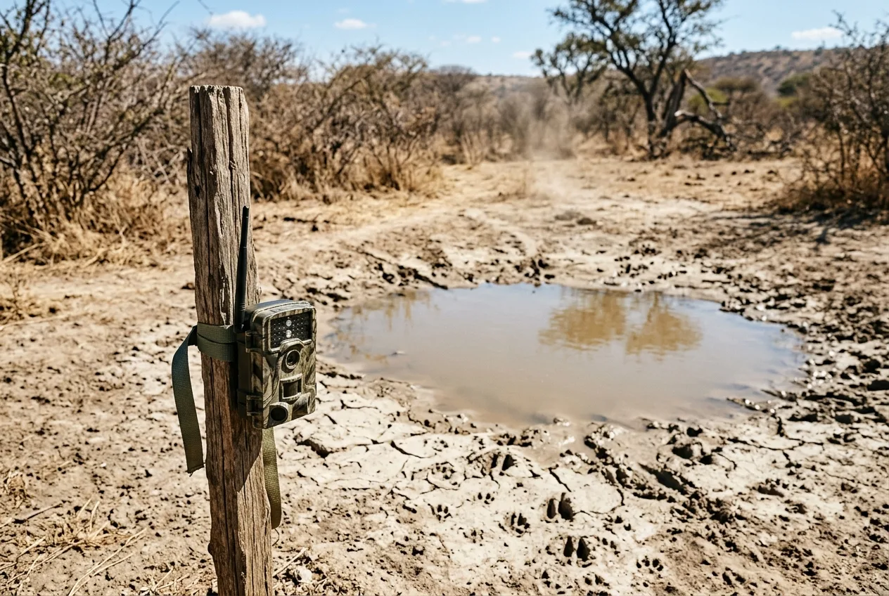 Una cámara de fauna montada baja junto a una pequeña charca en un secano, orientada hacia el punto de agua donde confluyen varios rastros de animales
