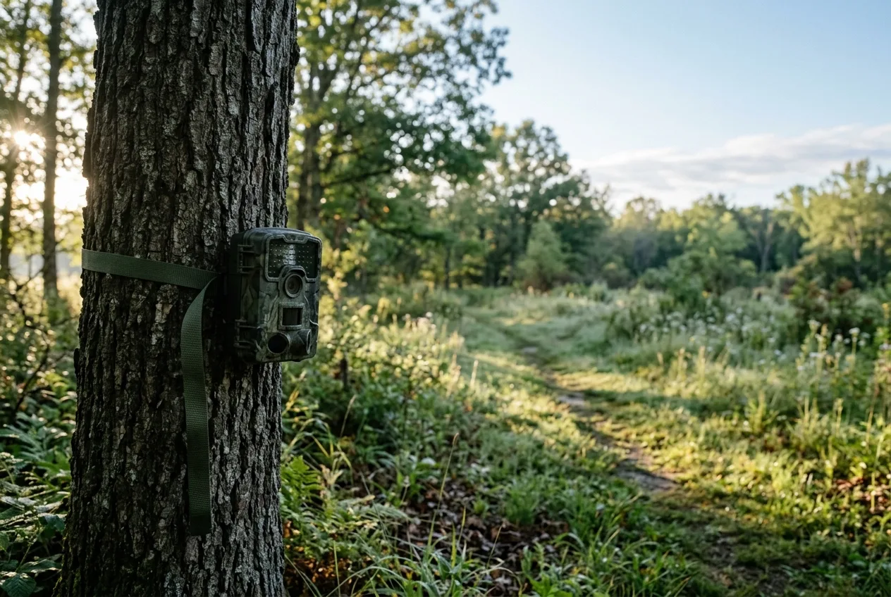 Una cámara de fauna en un árbol orientada hacia el polo más cercano para que el sol trace su arco por detrás del aparato y no de frente al objetivo