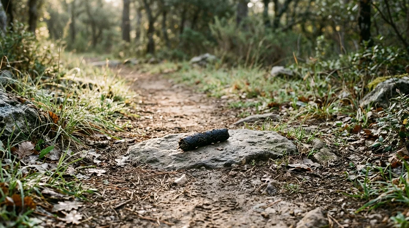 Un excremento de fauna depositado de forma visible sobre una piedra en mitad de un sendero forestal, un indicio de rastreo junto al paso de una cámara trampa