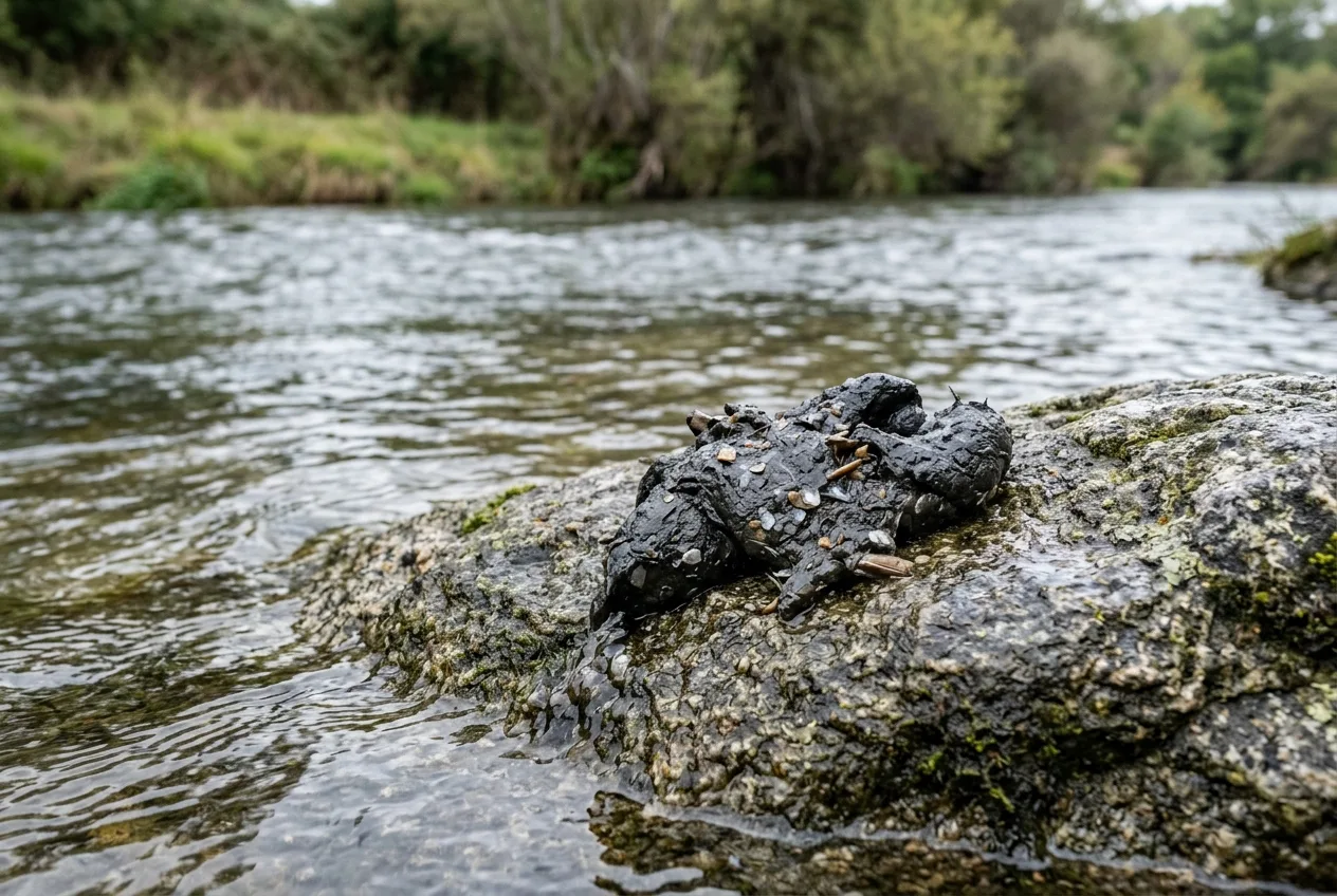 Una esprainta de nutria sobre una piedra a la orilla de un río, oscura y de aspecto bituminoso, con escamas de pez visibles