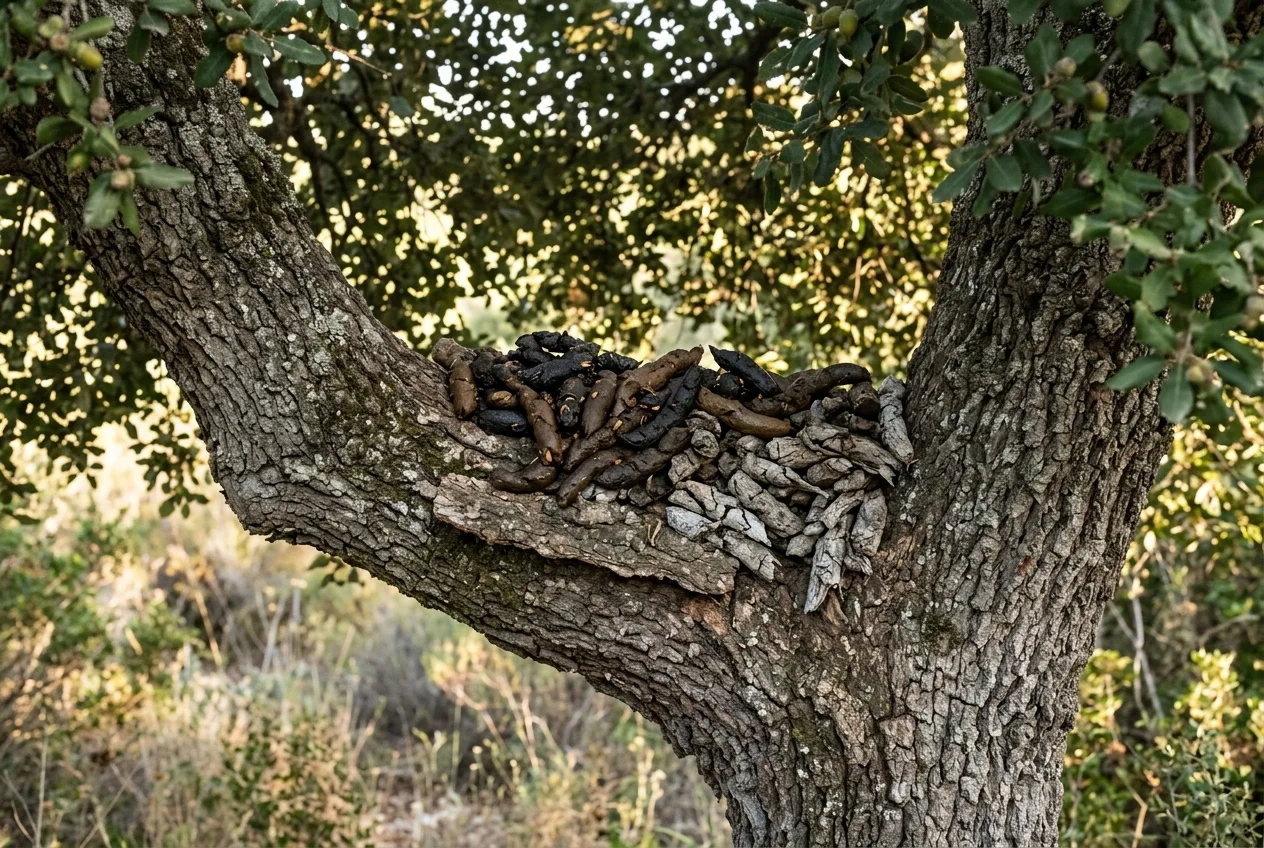 Una gran letrina de gineta en la horquilla de un árbol, con numerosos excrementos apilados unos sobre otros en una zona elevada