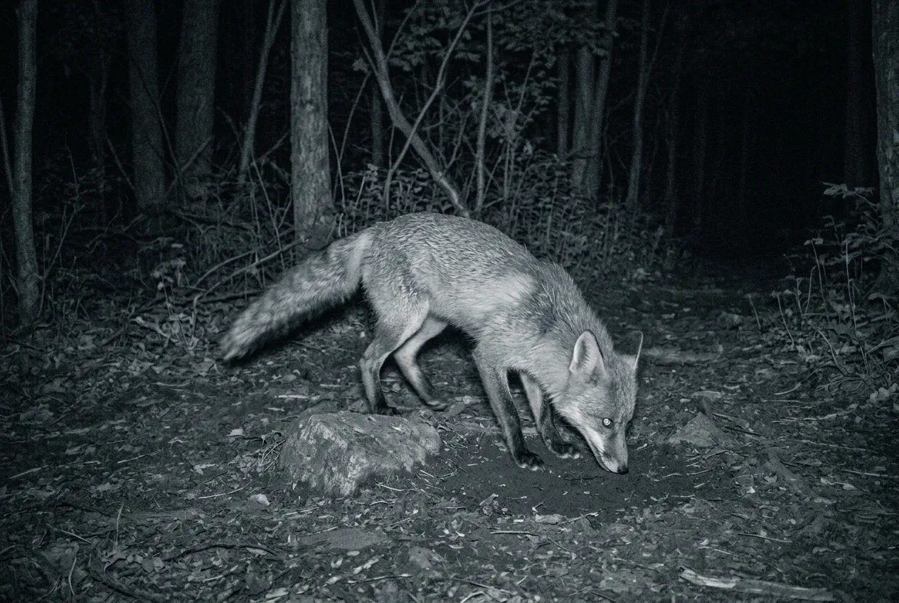Fotograma de cámara trampa en infrarrojos de un zorro olfateando y marcando un cruce de caminos de noche