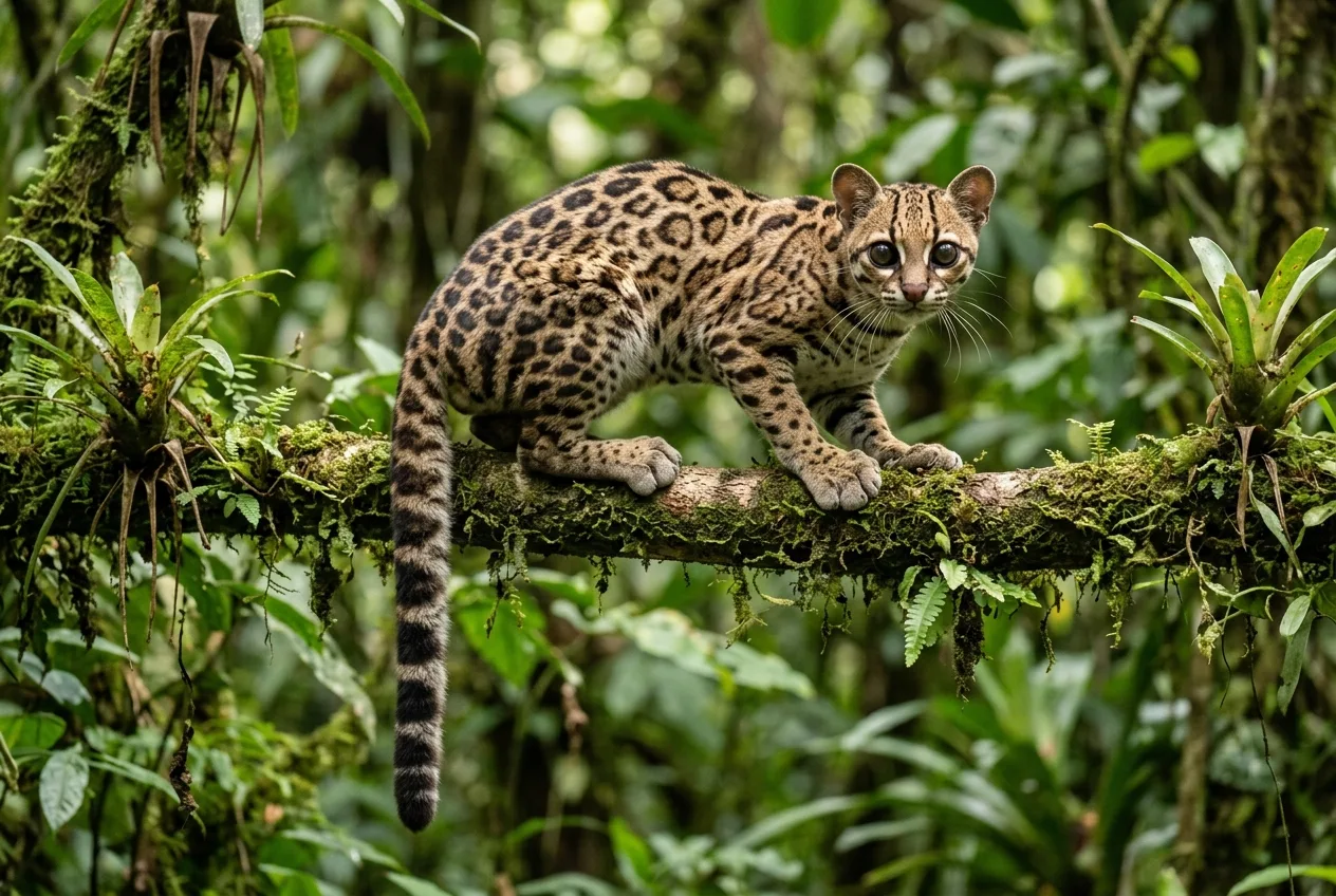 Un margay pequeño y arborícola en una rama, con ojos muy grandes y saltones y una cola larguísima, imitando el dibujo del ocelote