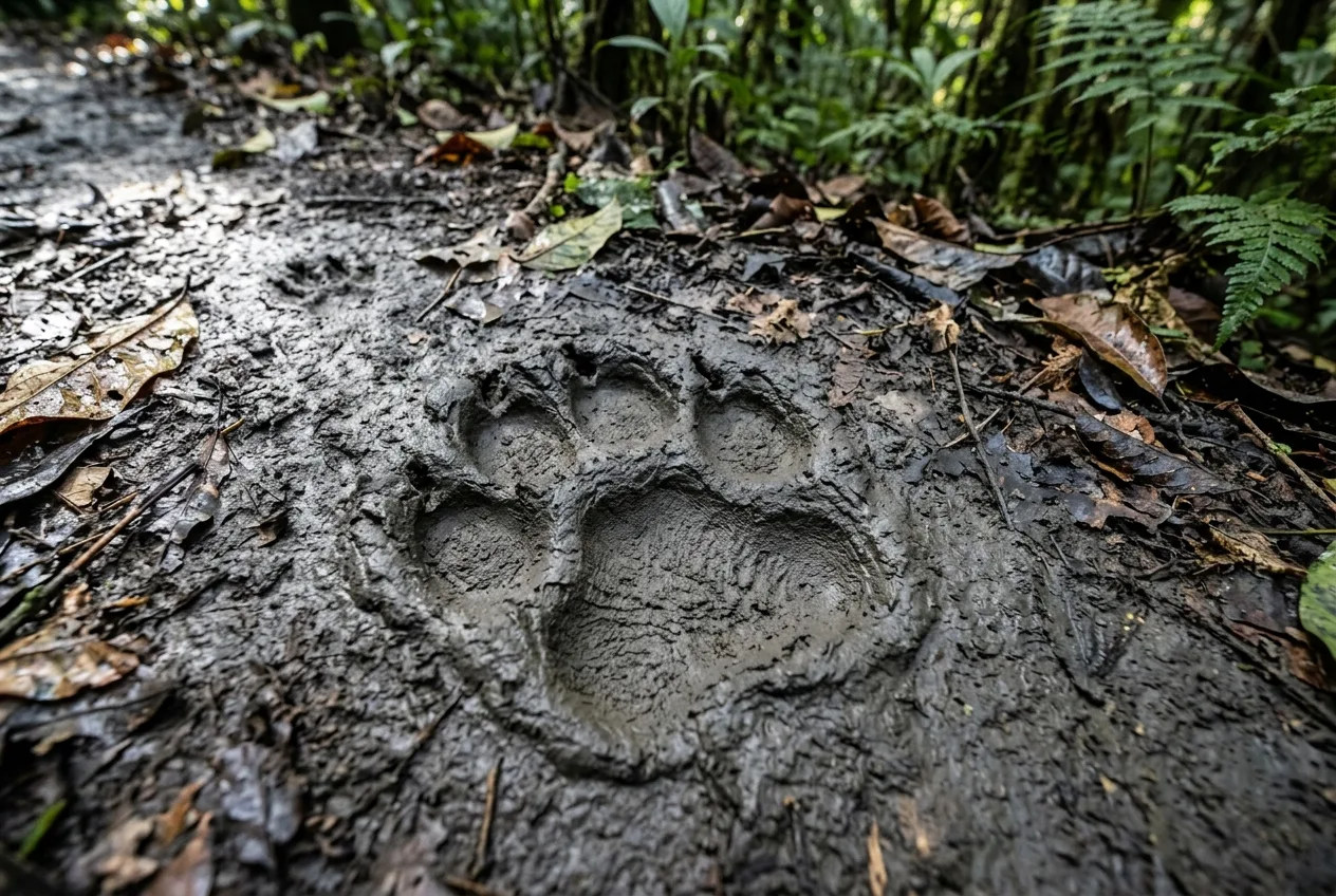Una huella felina redondeada sin marcas de uñas impresa en el barro de un sendero, junto a huellas de presa