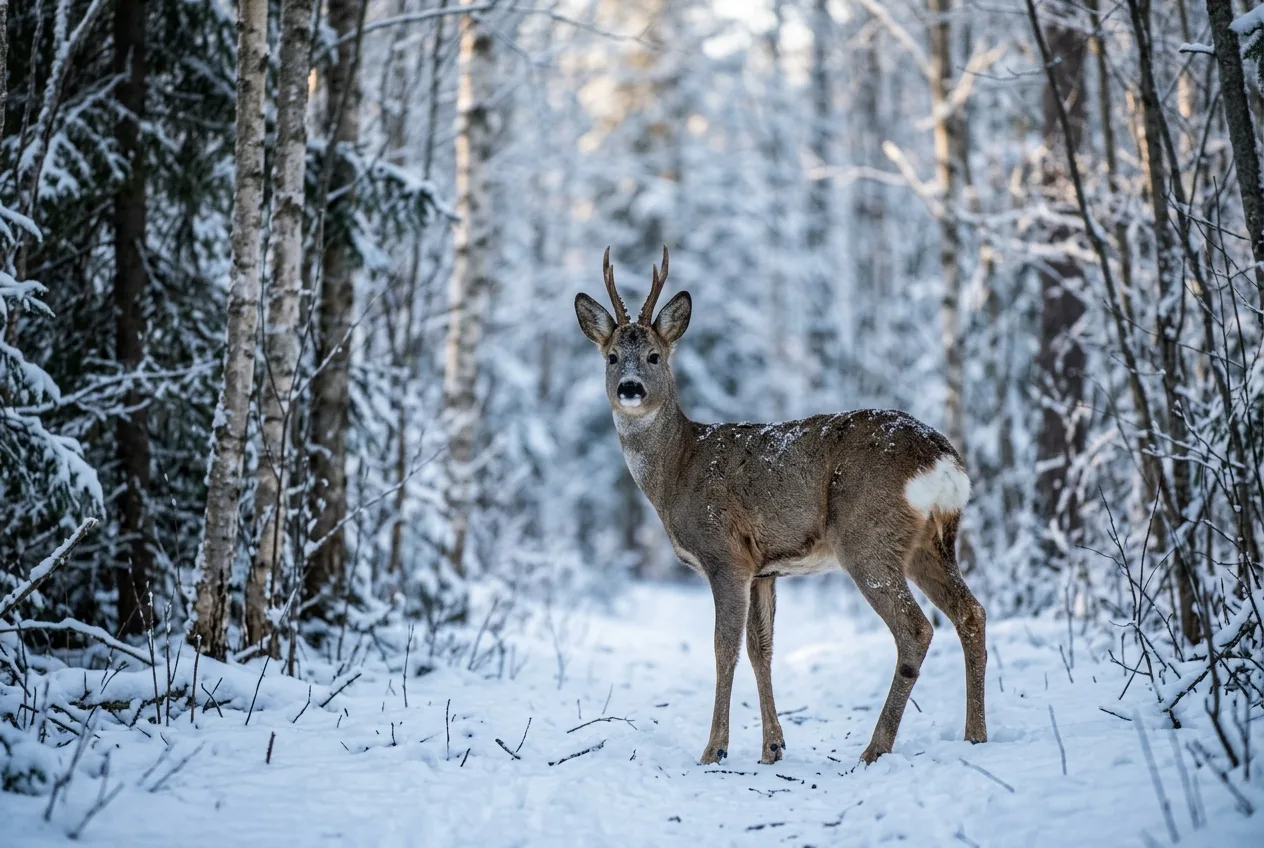 Un venado en un bosque nevado con sombras azuladas sobre la nieve