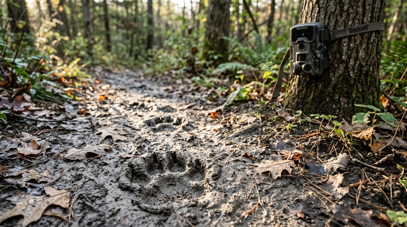 Huellas nítidas de un mamífero impresas en el barro junto a una cámara de fauna sujeta a un árbol