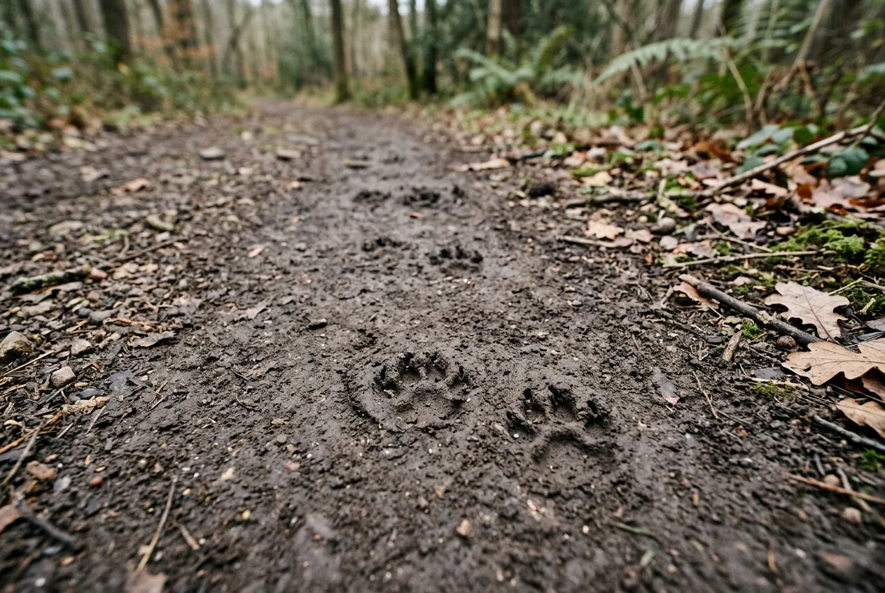 Rastro de huellas emparejadas de un mustélido avanzando a saltos sobre tierra blanda de un sendero