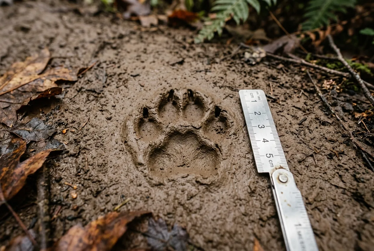 Una huella de mamífero en el barro fotografiada junto a una regla metálica plegable como escala