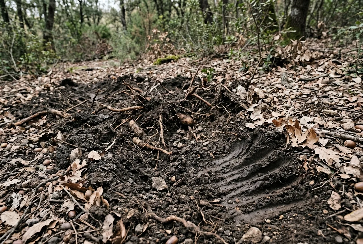 Detalle de la tierra hozada por el jabalí con grandes marcas de hocico en los bordes del parche removido