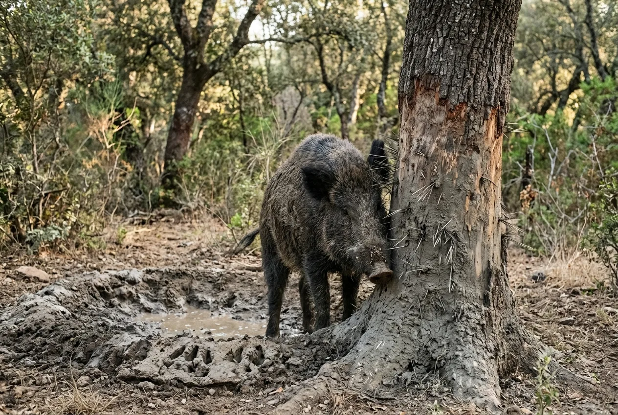 Un árbol de frotamiento del jabalí junto a la baña, con la corteza baja pelada y embarrada y pelo grueso y oscuro pegado al barro reseco