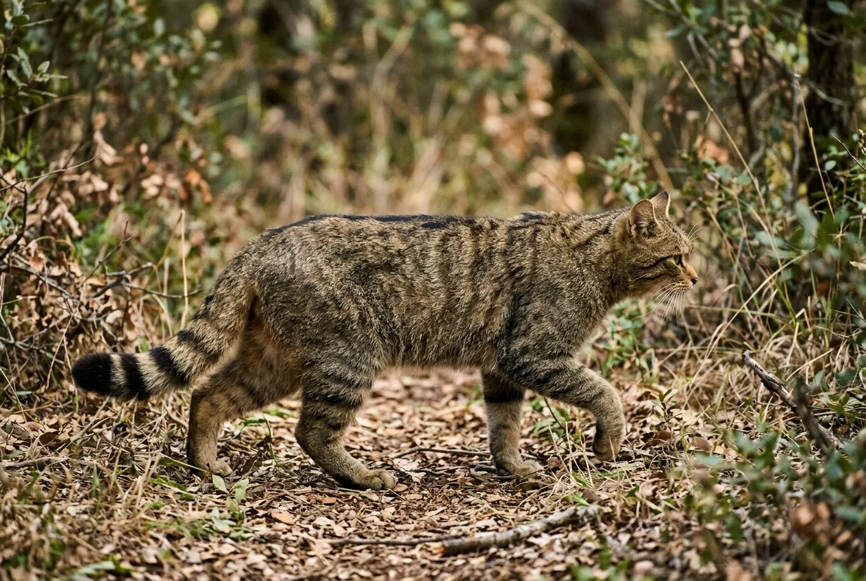 Un gato montés europeo robusto de patas cortas caminando por el monte, con la línea dorsal negra y la cola gruesa anillada de punta negra