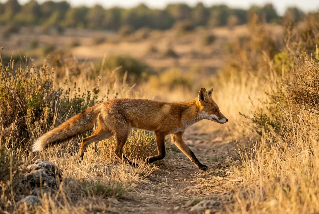 Un zorro rojo caminando de perfil por el monte mediterráneo, con el hocico puntiagudo, las orejas grandes triangulares y la cola larga y peluda