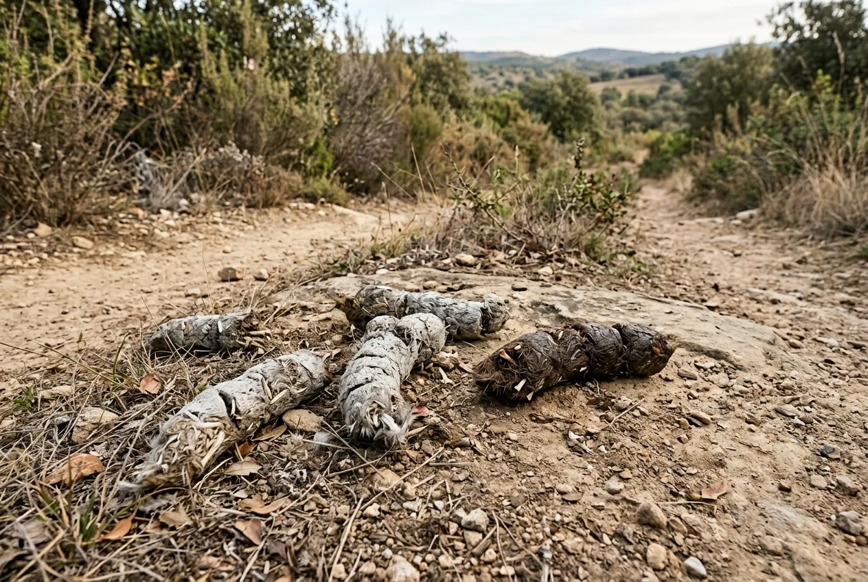 Una letrina de lince ibérico en un cruce de caminos, con varios excrementos cilíndricos depositados de forma visible sobre el terreno