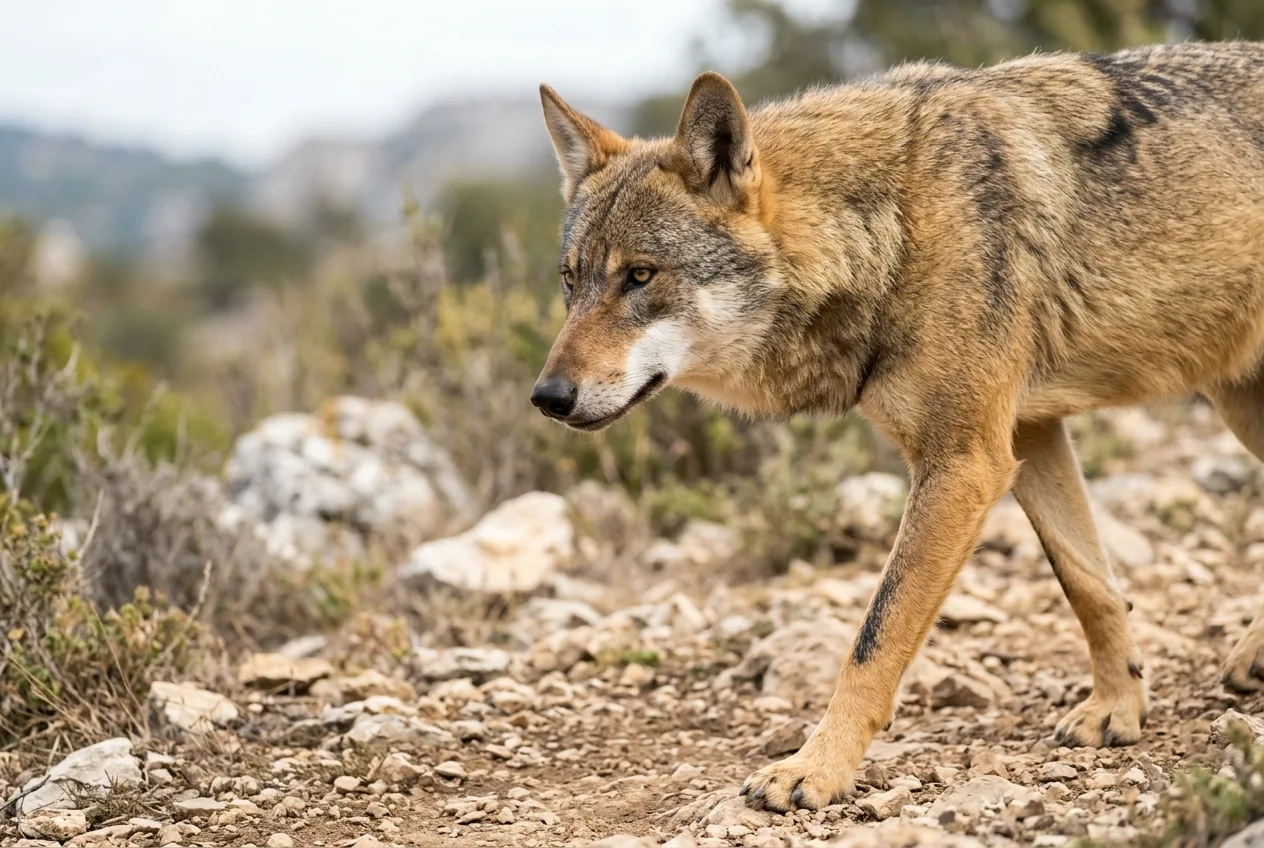 Detalle de la pata delantera de un lobo ibérico mostrando la línea oscura vertical y el tono amarillo-acastañado del pelaje