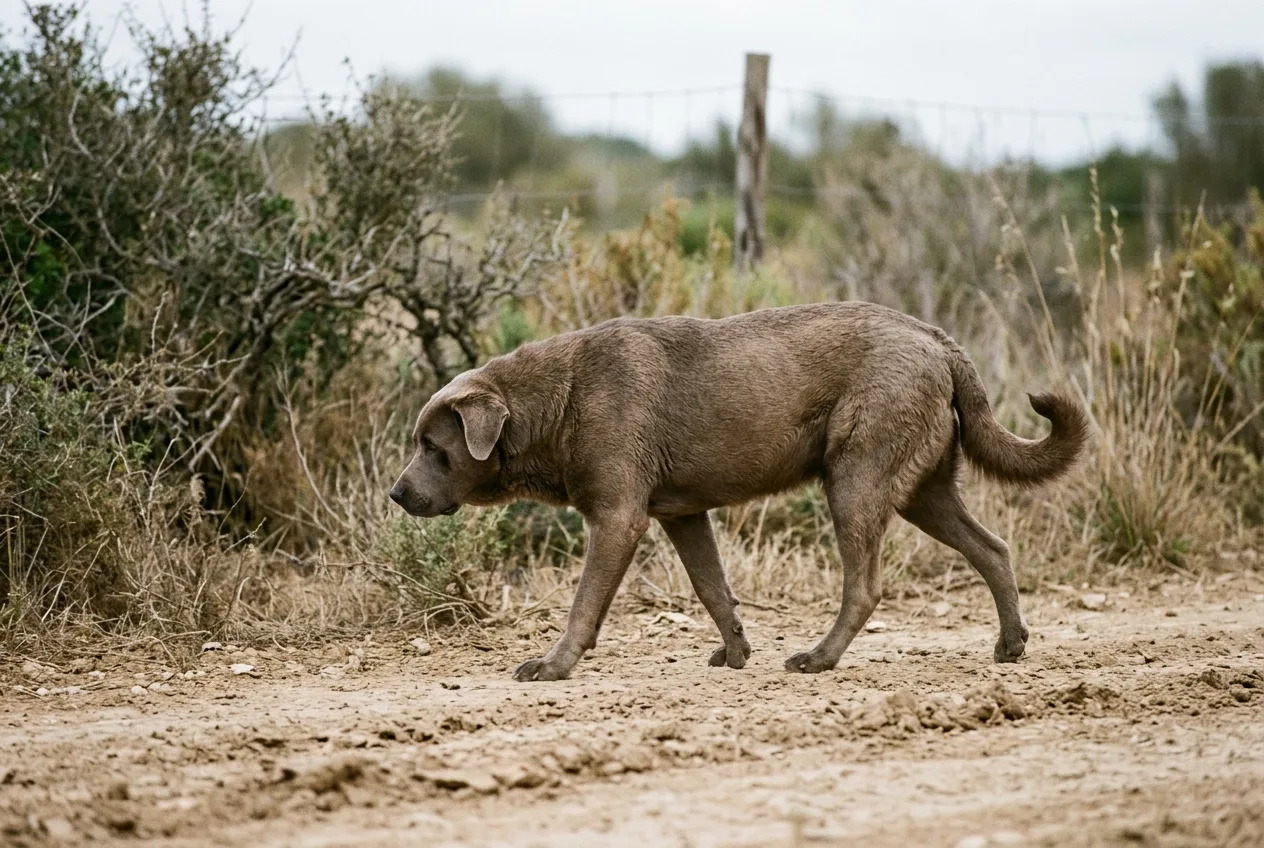 Un perro grande y asilvestrado de constitución pesada camina solo junto a una pista rural, sin las marcas del lobo ibérico