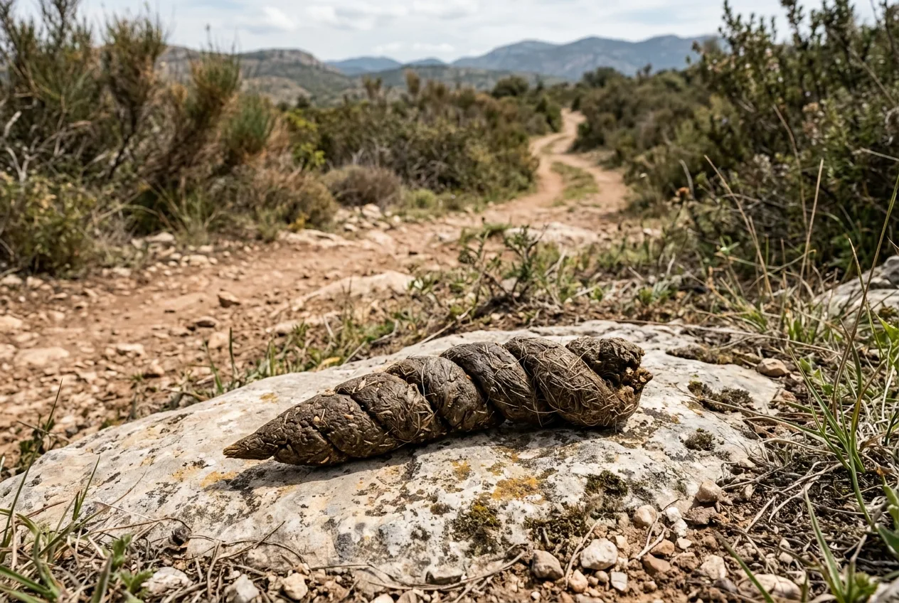 Un excremento de lobo cilíndrico y helicoidal con pelo visible, depositado de forma llamativa sobre una piedra en un cruce de caminos de montaña